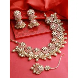 Jazz and Sizzle Gold-Plated Stone-Studded & Pearl Beaded Meenakari Jewellery Set-picture-35