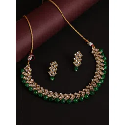 Jazz and Sizzle Women Gold-Plated Green & White Kundan Studded & Beaded Jewellery Set-picture-12