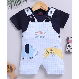 Jb Club Cotton Knit Animals Patch Embroidered & Checked Dungaree With Half Sleeves Tee Set - Blue-picture-27
