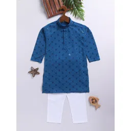 JBN Creation Boys Floral Embroidered Band Collar Sequinned Straight Kurta With Trousers-picture-23