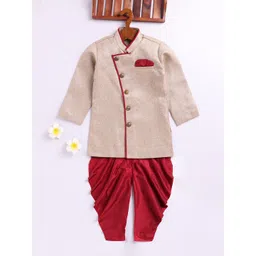 JBN Creation Boys Self-Design Angrakha Pattern Mandarin Collar Sherwani With Dhoti Set-picture-57