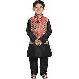 jbn creation Boys Silk Blend Kurta Pyjama Jacket Set - Elegance for Festivals | Banarasi Jacquard Modi/Nehru Jacket and Kurta Pyjama Set |Traditional Attire with Embroidered Jacket for Kids-picture-56