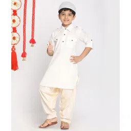 JBN Creation Eid Special Full Sleeves Solid Collared Kurta With Patiala With Cap Set - Cream-picture-33