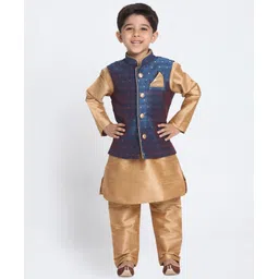 JBN Creation Full Sleeves Solid Coordinating Kurta & Pyjama With Zari Work Detailed Nehru Jacket Set - Blue & Gold-picture-20