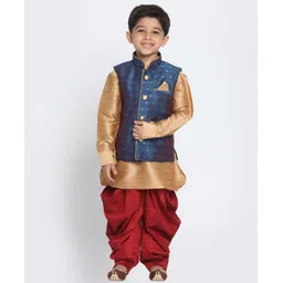 JBN Creation Full Sleeves Solid Kurta & Dhoti With Zari Work Detailed Nehru Jacket Set - Blue & Gold-picture-19