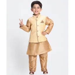 JBN Creation Full Sleeves Solid Kurta With Coordinating Pyjama & Zari Work Detailed Nehru Jacket Set - Gold-picture-16