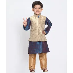 JBN Creation Full Sleeves Woven Zari Work Detailed Kurta With Solid Pyjama & Floral Embroidered Nehru Jacket Set - Gold & Blue-picture-39
