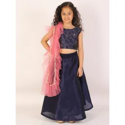 JBN Creation Girls Navy Blue & Peach-Coloured Embellished Thread Work Ready to Wear Lehenga & Blouse With-picture-46