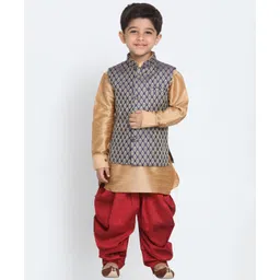 JBN Creation Silk Full Sleeves Solid Kurta & Dhoti With Floral Embroidered Nehru Jacket Set - Blue & Gold-picture-26