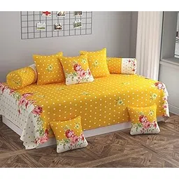 JBTC Home Soft Cotton Feel Diwan Set with 8 Pieces, 1 Single Bed Sheet with 5 Cushion Covers with Zipper and 2 Bolster Covers (diwan Cover Size 90x60 Inches) Yellow-picture-31