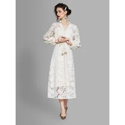 JC Collection Off White Puff Sleeves Ethnic Lace A-Line Midi Dress-picture-32