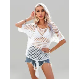 JC Collection Self Design Semi Sheer Swimwear Cover Up Top-picture-12