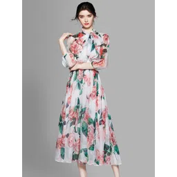 JC Collection White & Pink Floral Tie-Up Neck Midi Dress-picture-36