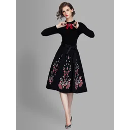 JC Collection Women Black & Red Floral Embroidered Tie-Up Neck Dress-picture-36