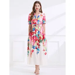 JC Collection Women Floral Printed Lapel Collar Belted Detail Fit and Flare Maxi Dress-picture-21
