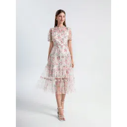 JC Collection Women Floral Printed Puff Sleeve Sheer Tiered Ruffled Fit & Flare Midi Dress-picture-10