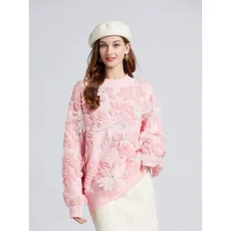 JC Collection Women Pink & White Floral Longline Pullover with Applique Detail-picture-34