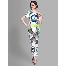 JC Collection Women White & Green Printed T-shirt with Trousers Co-Ords Set-picture-14