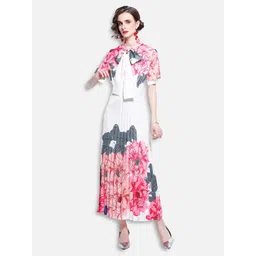 JC Collection Women White & Pink Floral Accordion Pleated Tie-Up Neck Maxi Dress-picture-12