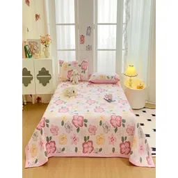 JC HOME 3 Pieces Pink & White Floral Printed 162 TC Double Queen Bed Covers-picture-19