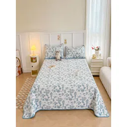 JC HOME 3Pcs Blue & White Floral Printed Pure Cotton Bed Covers-picture-13