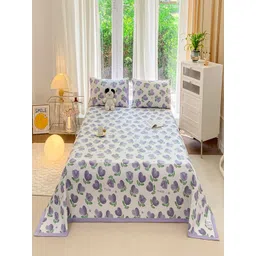 JC HOME 3Pcs Purple & White Floral Printed 162 TC Double Queen Bed Covers-image-37