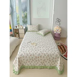 JC HOME Beige & Green Floral Printed 162 TC Double King Bed Cover & 2 Pillow Covers-picture-22