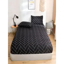 JC HOME Black & White Printed Fitted 140 TC King Bedsheet With 2 Pillow Covers-picture-22