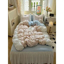 JC HOME Blue & Cream-Coloured 4 Pieces Printed Double Queen Bedding Set-picture-37