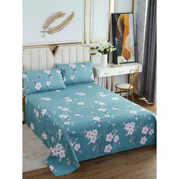 JC HOME Blue & Pink Floral Printed 186 TC Cotton King Bedsheet & Pillow Covers-picture-22