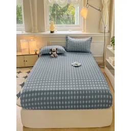 JC HOME Blue & White 140 TC Queen Bedsheet with 2 Pillow Covers-picture-32