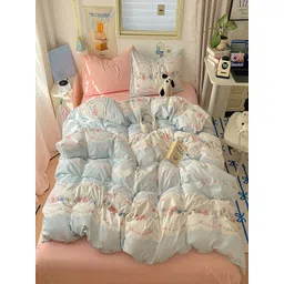 JC HOME Blue & White 4 Pieces Floral Printed Single AC Room Bedding Set With Quilt-picture-32