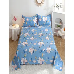 JC HOME Blue & White Floral Cotton 210 TC Single Bedsheet with 1 Pillow Covers-picture-11
