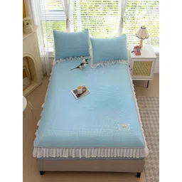 JC HOME Blue & White Textured 160 TC Fitted King Bedsheet with 2 Pillow Covers-picture-20