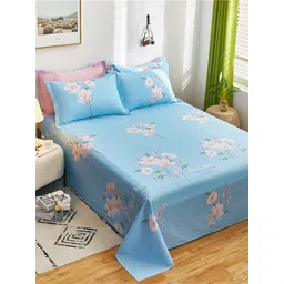 JC HOME Blue  Pink Floral Printed 186 TC Cotton King Bedsheet with 2 Pillow Covers-picture-21