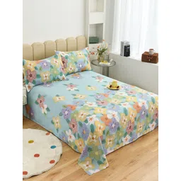 JC HOME Blue  Yellow Floral 200 TC Pure Cotton King Bedsheet with 2 Pillow Covers-picture-15