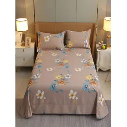 JC HOME Brown & White Floral Cotton 220 TC King Bedsheet with 2 Pillow Covers-picture-29