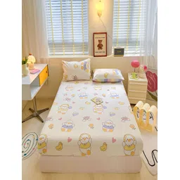 JC HOME Cream & Blue Graphic Cotton 210 TC Fitted King Bedsheet With 2 Pillow Covers-picture-37