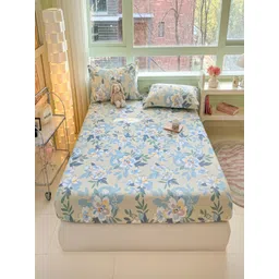 JC HOME Cream-Coloured & Blue Floral Cotton 220 TC Fitted King Bedsheet Set-1.8 m x 2 m-picture-25