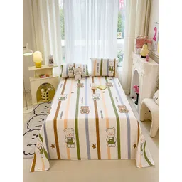 JC HOME Cream-Coloured & Blue Striped 140 TC Single Bedsheet with 1 Pillow Covers-picture-12