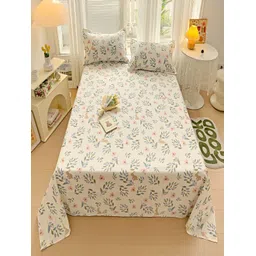 JC HOME Cream-Coloured & Brown Floral Cotton TC 240 King Bedsheet & 2 Pillow Covers-picture-24