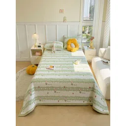 JC HOME Green & White Floral Printed Double Bed Cover With Pillow Covers-picture-33