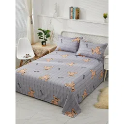 JC HOME Grey & Brown Printed 130 TC Polycotton Single Bedsheet with 2 Pillow Covers-picture-29