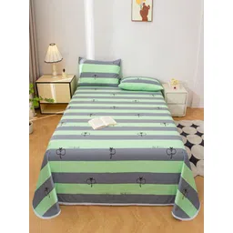 JC HOME Grey & Green Striped 140 TC Queen Bedsheet with 2 Pillow Covers-picture-24