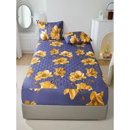 JC HOME Grey & Yellow Floral Cotton 150 TC Fitted Double King Bedsheet Set-1.8 m x 2 m-picture-38