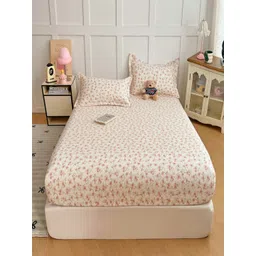 JC HOME Off White & Pink Floral 140 TC King Bedsheet Set 1.80 m x 2.20 m-picture-40
