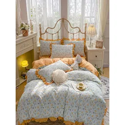 JC HOME Orange Colored & Blue Floral Printed Double King Bedding Set-picture-30