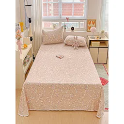 JC HOME Peach And White Floral Printed 140 TC Queen Bedsheet Set - 2.0 m x 2. 3 m-image-4