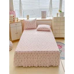 JC HOME Pink & Blue Floral 140 TC Fitted King Bedsheet With 2 Pillow Covers-picture-29