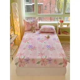 JC HOME Pink & Blue Floral Cotton 220 TC Fitted Double Queen Bedsheet Set-1.5 m x 2 m-picture-18
